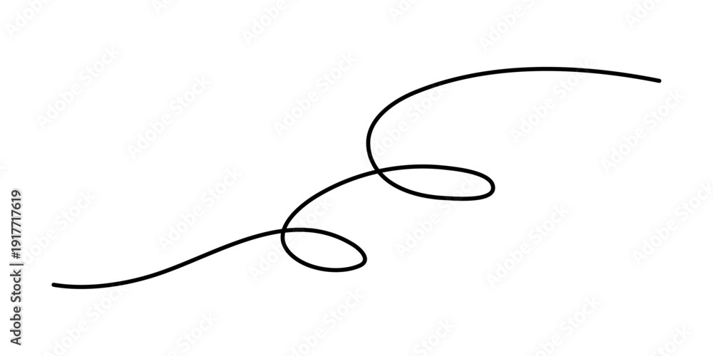 Fototapeta premium Wavy curly stroke one line art, hand drawn scribbly dividing loop element drawing continuous contour. Twiddle swirl separator curve strip, volutes and tendril design. Isolated. Editable stroke. Vector