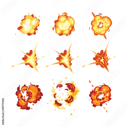 Boom burst effects, explode explosion of fire set illustration on white background