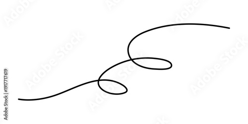 Wavy curly stroke one line art, hand drawn scribbly dividing loop element drawing continuous contour. Twiddle swirl separator curve strip, volutes and tendril design. Isolated. Editable stroke. Vector