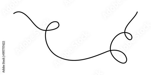 Wavy curly stroke one line art, hand drawn scribbly dividing loop element drawing continuous contour. Twiddle swirl separator curve strip, volutes and tendril design. Isolated. Editable stroke. Vector