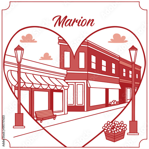 Retro Downtown City Street with Storefronts and Park Bench in Heart Shape Border