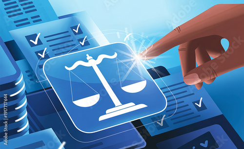 A hand points to a glowing legal scales icon with digital effects, surrounded by blue documents with checkmarks