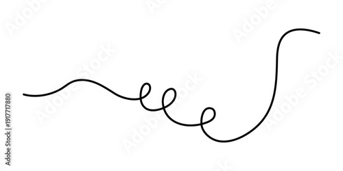 Wavy curly stroke one line art, hand drawn scribbly dividing loop element drawing continuous contour. Twiddle swirl separator curve strip, volutes and tendril design. Isolated. Editable stroke. Vector