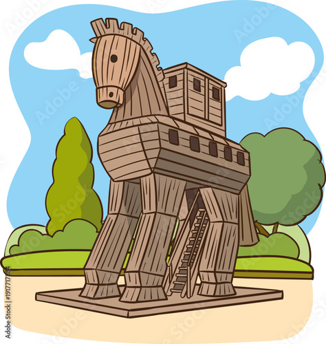 Trojan Horse Vector Illustration, Flat Design, Ancient Greece, Wooden Structure.