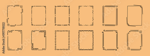 Rectangular doodle frame stamp set, hand-drawn original creative engagement monograms. Edgings cadres with graphic elements, design photo decoration greeting cadres. Isolated. Vector illustration