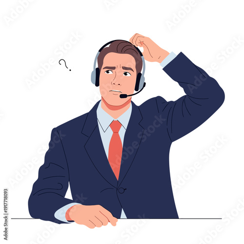 A puzzled man in a suit wearing a headset sits at a desk with a questioning expression