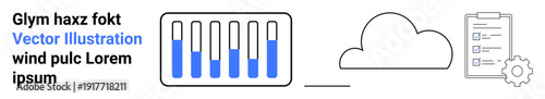 Bar graph with highlighted data, a cloud for storage, checklist for task management, and gear for settings. Ideal for data analysis, cloud technology, workflow, management, tasks progress tracking