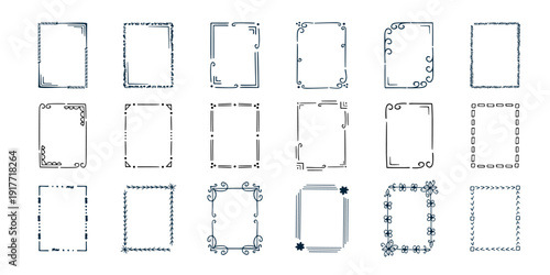 Rectangular doodle frame stamp set, hand-drawn original creative engagement monograms. Edgings cadres with graphic elements, design photo decoration greeting cadres. Isolated. Vector illustration