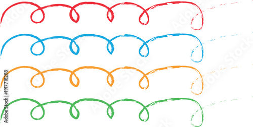 Scribbled colorful curly lines and swirls in red, blue, orange, and green, abstract decorative elements for design