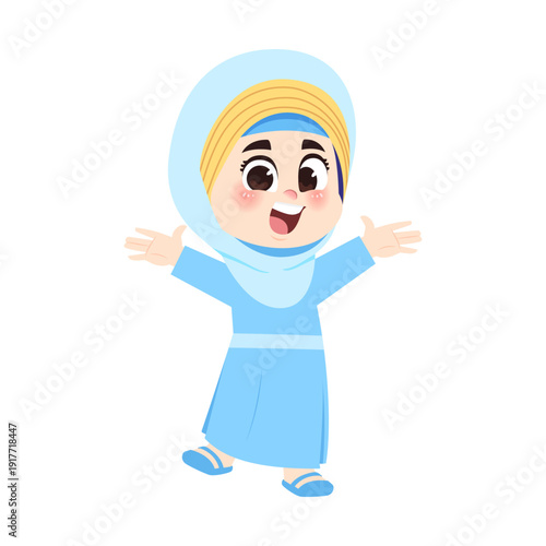 Muslim Girl Blue Dress Welcoming Pose Hands Open Up