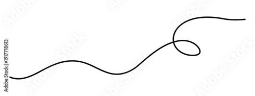 Wavy curly stroke one line art, hand drawn scribbly dividing loop element drawing continuous contour. Twiddle swirl separator curve strip, volutes and tendril design. Isolated. Editable stroke. Vector