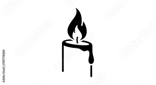 Melting candle with flame on top black silhouette on white background