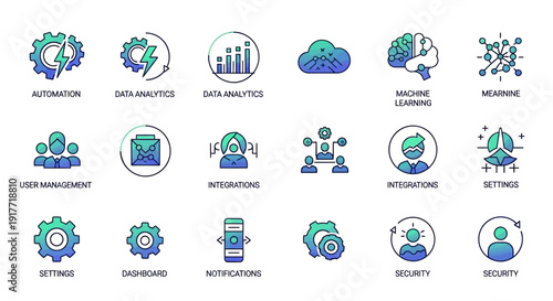 Technology and Data Analytics Icon Collection – Modern Outline Symbols Representing Cloud Computing, AI, Cyber Security, Networking, Digital Growth and Smart Business Infrastructure
