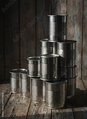 Stack of Metal Cans on Wooden Planks with Dramatic Lighting