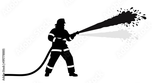 Firefighter Holding High Pressure Water Hose in Action – Bold Black Silhouette Emergency Response Illustration Representing Fire Safety, Rescue Operation, Disaster Control and Heroic Public Protection