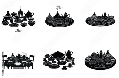 Ramadan Iftar Traditional Middle Eastern Food and Drink Vector Illustration