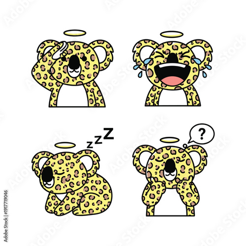 Cartoon leopard character expressing different emotions with halo on a white background