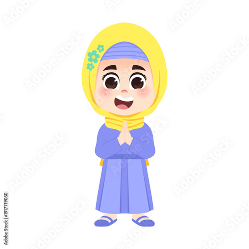 Muslim Girl Purple Outfit Welcoming Muslim Pose