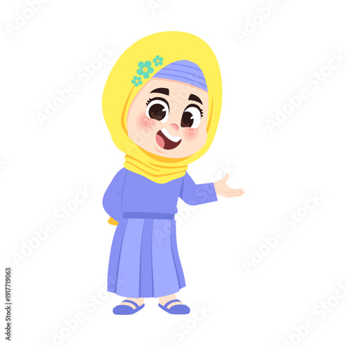 Muslim Girl Purple Outfit Welcoming Hand Behind