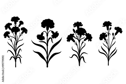 Set of black carnation flower silhouettes on stems with leaves