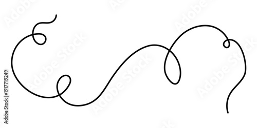 Wavy curly stroke one line art, hand drawn scribbly dividing loop element drawing continuous contour. Twiddle swirl separator curve strip, volutes and tendril design. Isolated. Editable stroke. Vector