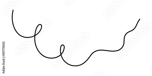 Wavy curly stroke one line art, hand drawn scribbly dividing loop element drawing continuous contour. Twiddle swirl separator curve strip, volutes and tendril design. Isolated. Editable stroke. Vector