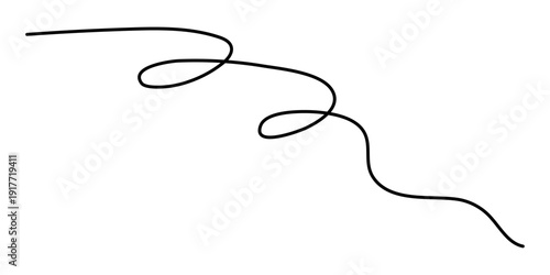 Wavy curly stroke one line art, hand drawn scribbly dividing loop element drawing continuous contour. Twiddle swirl separator curve strip, volutes and tendril design. Isolated. Editable stroke. Vector