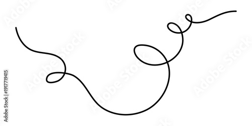 Wavy curly stroke one line art, hand drawn scribbly dividing loop element drawing continuous contour. Twiddle swirl separator curve strip, volutes and tendril design. Isolated. Editable stroke. Vector
