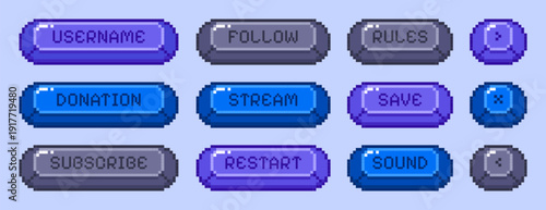 Vector set of pixel art follow, subscribe, rules and save buttons. Pixelated video game symbols, text box frames, interface menu icons in 8bit retro style. Arcade ui elements for mobile app or website