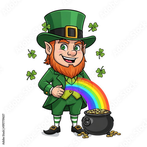 A cheerful leprechaun holding a pot of gold with a rainbow in the background