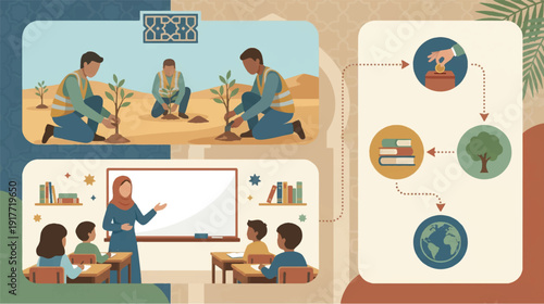 Educators plant trees in arid land, teach class, show green process flow flat vector scene