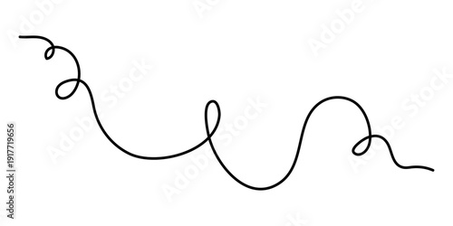 Wavy curly stroke one line art, hand drawn scribbly dividing loop element drawing continuous contour. Twiddle swirl separator curve strip, volutes and tendril design. Isolated. Editable stroke. Vector