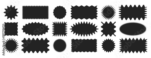 Vector set of black zig zag edge different geometric shapes. Scalloped borders, zigzag frames, sale sticker, serrated paper. Rectangle, circle, square badge with wavy edges. Jagged curved box elements