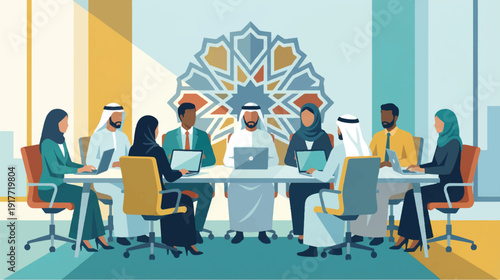 Collaborative office meeting around white table with seven professionals