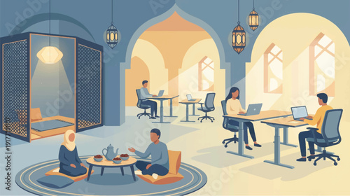 Modern collaborative office with people working at desks and conversing in bright airy space