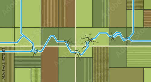Green farm fields with blue waterway and cracked earth