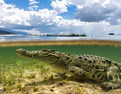 Split-level view of a crocodile in shallow water under a cloudy sky