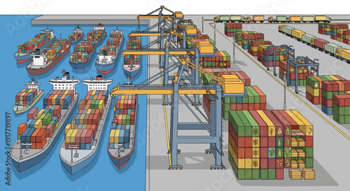 Container ships and cargo containers at busy port facility