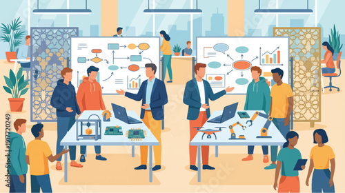 Bright cartoon office buzzes with diverse coworkers at white tables beneath big windows