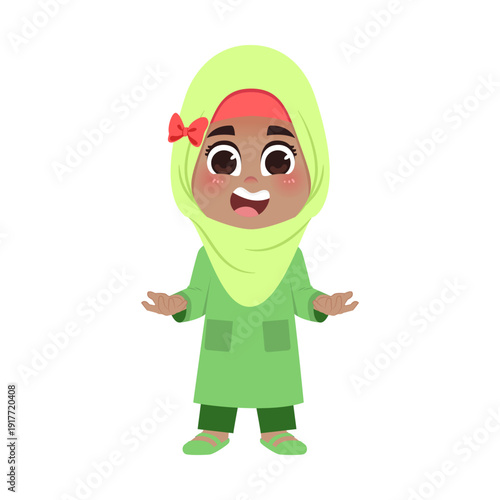 Muslim Girl Green Outfit Welcoming Pose Two Hands Open