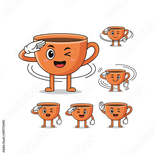Cartoon coffee cups dancing with joy and happiness on white background