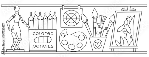 Pencils, Paints, And Easel With Brushes Plus A Coloring Page For Children