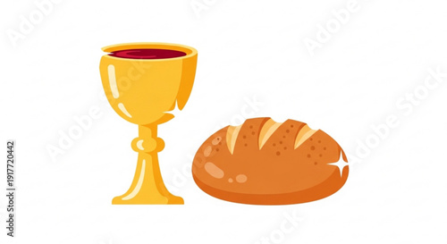 Golden chalice and loaf of bread on white background for communion or last supper