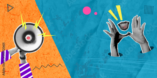 A stylish, trendy halftone collage in a contemporary art style. Diverse opinions. Hands, a person with a megaphone, a speaking mouth. This symbolizes ways of speaking and listening. A frantic discussi