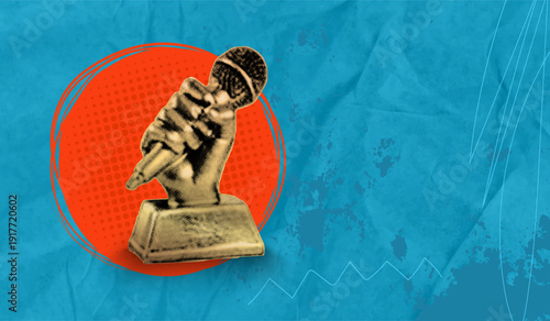 Stylish halftone collage. A luxurious vintage gold microphone in hand, used for music awards ceremonies, television, and radio shows. A demonstration of talent and success. Vector.