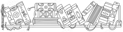 Bookshelf In Action And Coloring Page For Adults And Kids