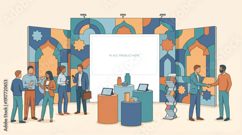 Business team gathering around interactive booth at corporate trade show event illustration