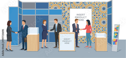 Cartoon trade show booth with five professionals networking and shaking hands in blue white hall