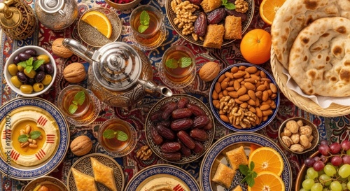 Overhead view of a traditional Middle Eastern Iftar dinner spread, featuring a silver teapot, various nuts, dates, olives, oranges, flatbread, and sweet pastries arranged on a colorful patterned