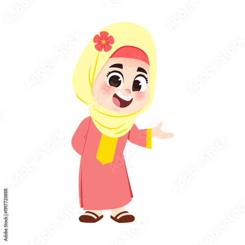 Muslim Girl Red Dress Welcoming One Hand Behind